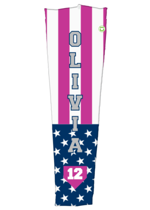 Flag design in pink and blue with text and number in home plate