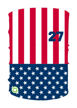 Neck gaiter with flag design and number