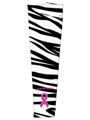 Zebra background with pink ribbon and text