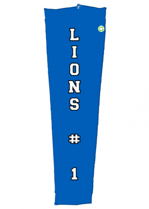 Blue sleeve with Lions text